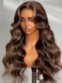 UNice Bye-Bye Knots 7×5 Lace Chocolate Brown Hair With Highlights Loose Wave Wig With Face Framing Layers 150% Density
