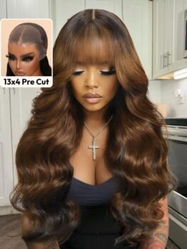 UNice Bye-Bye Knots 13×4 Black with Brown Money Piece Natural Fluffy Loose Wave Curtain Bangs Wig