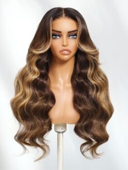UNice 13×4 Pre-Everything Lace Frontal Brown with Honey Blonde Highlights Loose Wave Drawstring Wig with Face Framing Layers