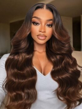 UNice 13×4 Pre-Everything Lace Frontal Coffee Brown Loose Wave Glueless Drawstring Wig with Layered Curtain Bangs
