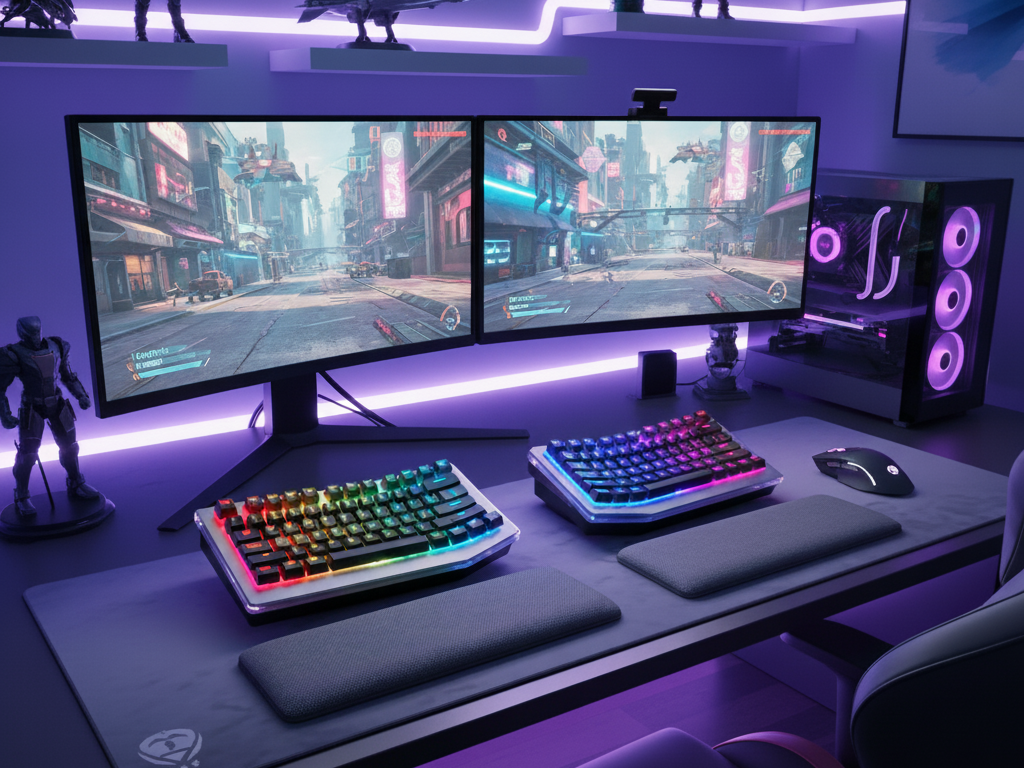 A focused gamer using a split ergonomic gaming keyboard with RGB lighting during an intense match - Dealibrium