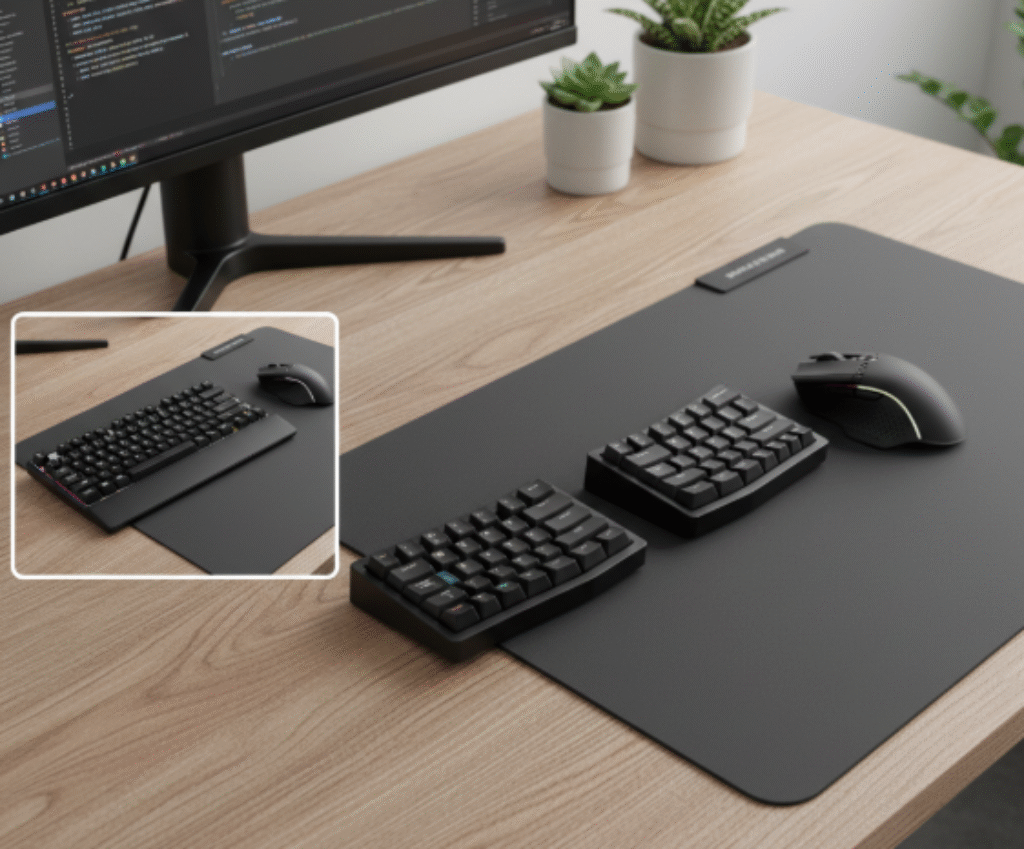 Diagram comparing mouse space available with a split ergonomic gaming keyboard versus a standard keyboard - Dealibrium