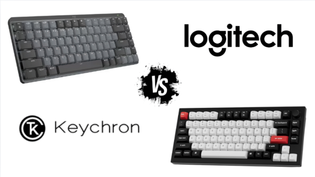 Keychron vs. Logitech mechanical keyboards showing the professional design of the MX Mechanical and the customizable style of the Keychron Q1 - Dealibrium