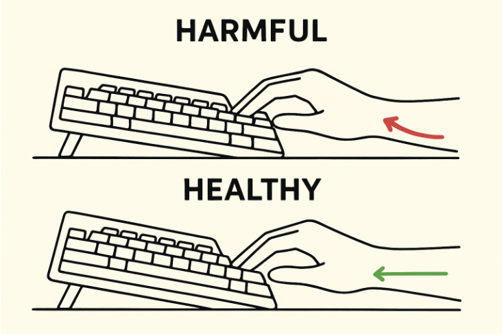 Comparison of incorrect positive keyboard tilt versus the correct ergonomic negative tilt for maintaining a neutral wrist - Dealibrium