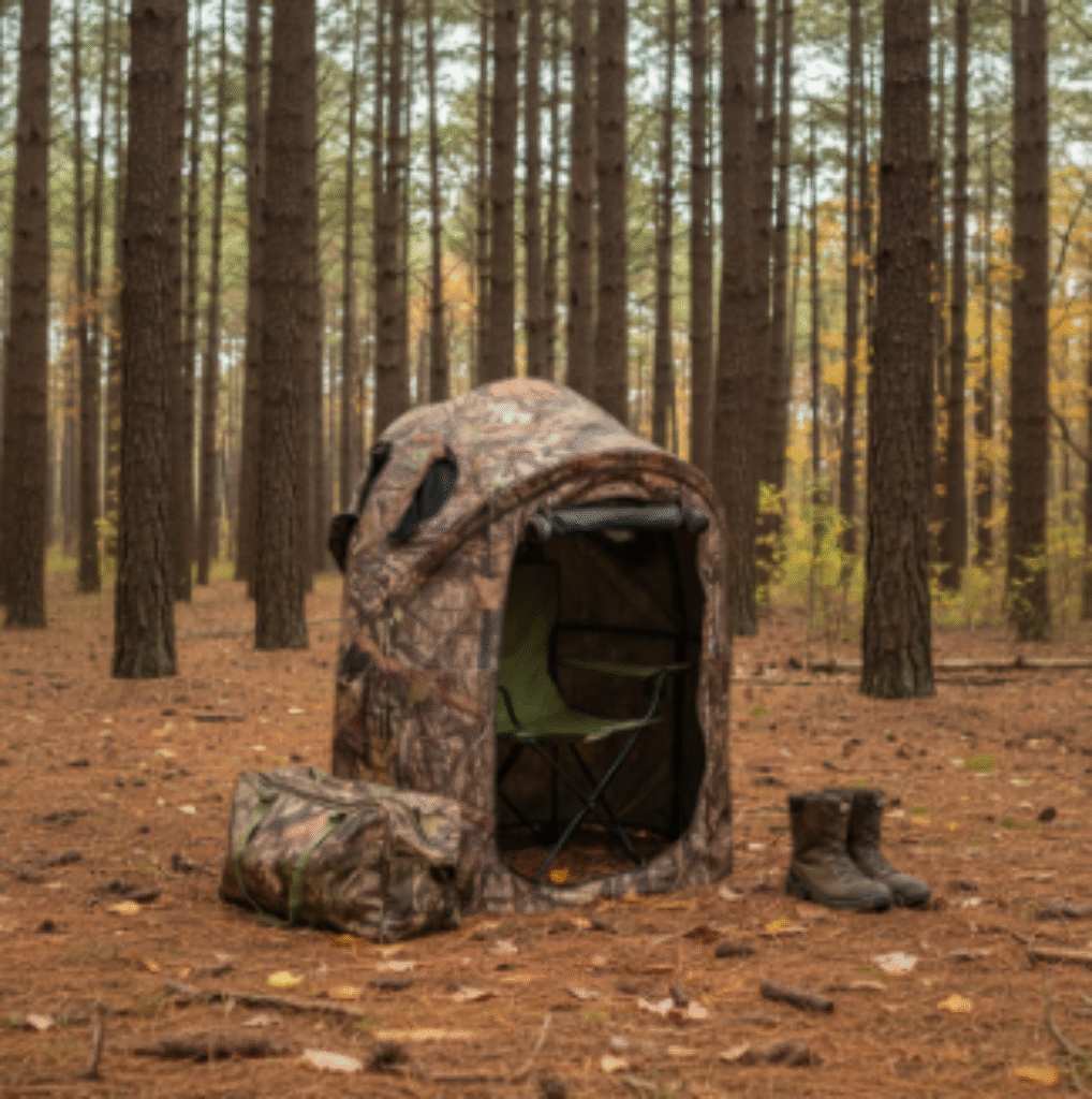 Comparison showing the portability of a fabric pop-up hunting blind versus the durability of a permanent hard-shell plastic ground blind - Dealibrium