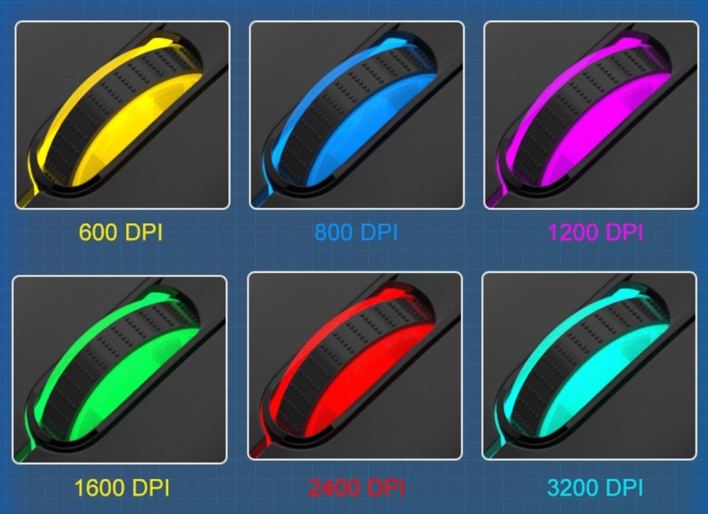 Close-up of the MageGee G12 mouse, highlighting the DPI setting buttons - Dealibrium