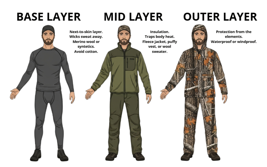 Diagram of a hunting clothing layering system, including base, mid, and outer layers. - Dealibrium