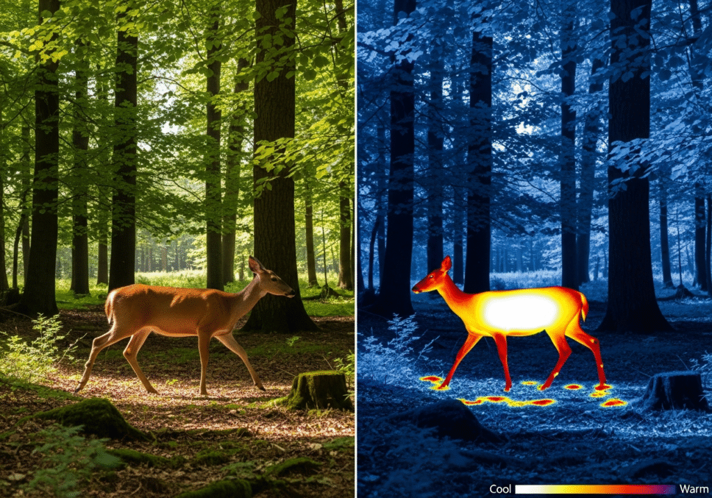 Comparison of RGB visual camera vs. thermal imaging camera detecting a heat signature in the woods - Dealibrium