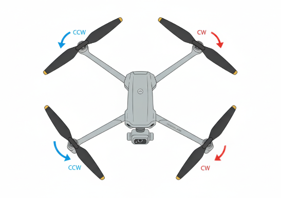 Diagram explaining quadcopter drone flight mechanics and counter-rotating propellers for stability - Dealibrium