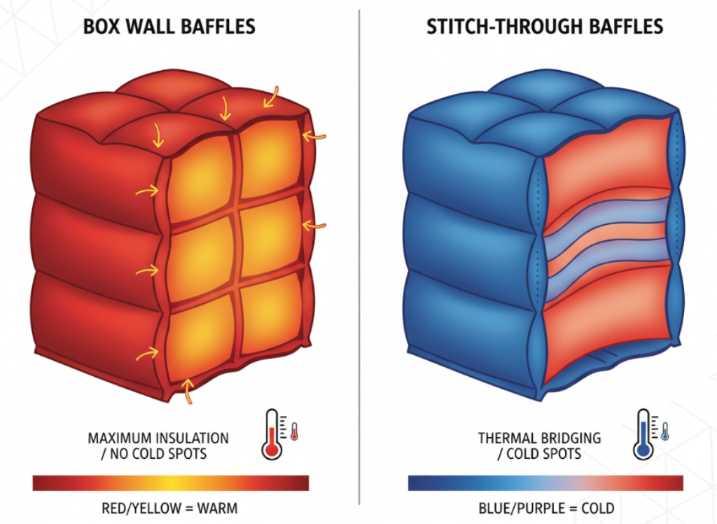 Diagram comparing box wall vs stitch-through down baffles showing thermal bridging and cold spots - Dealibrium