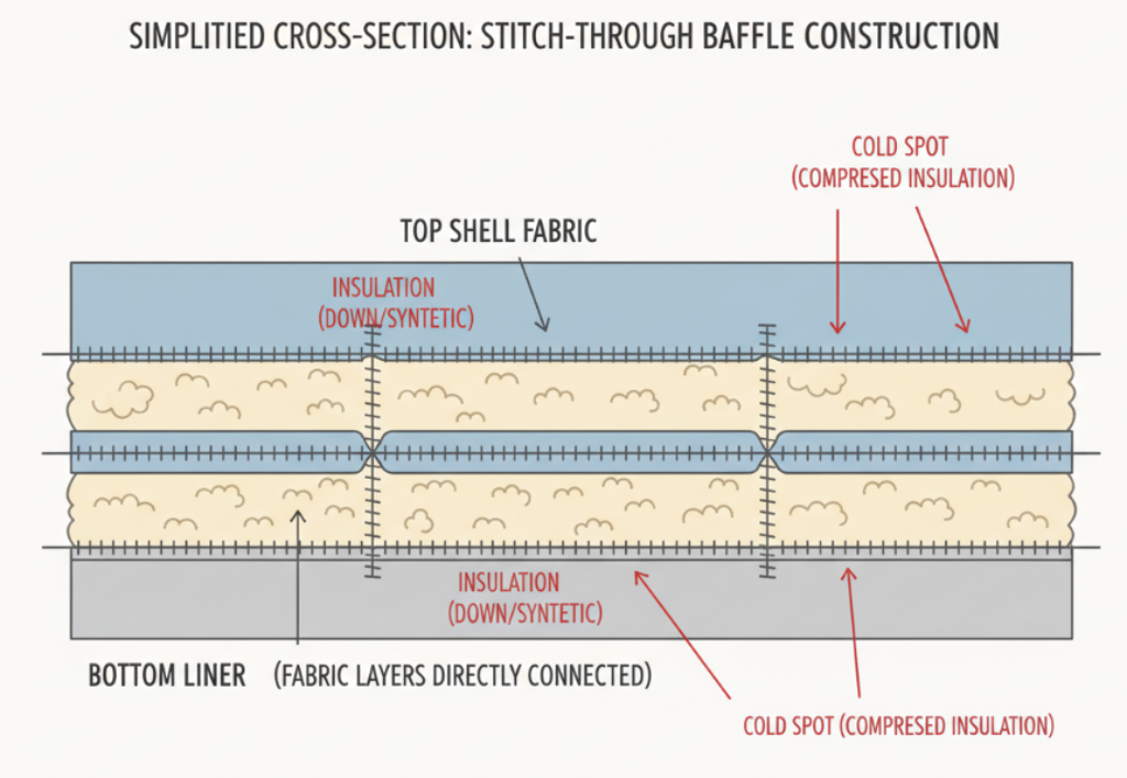 Cross section diagram of stitch-through baffle construction showing compressed insulation at seams - Dealibrium