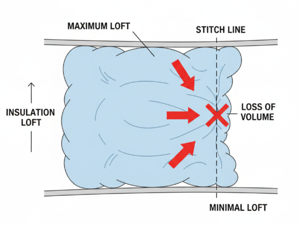 Close up diagram showing volume loss and minimal loft at the stitch line of a down jacket - Dealibrium