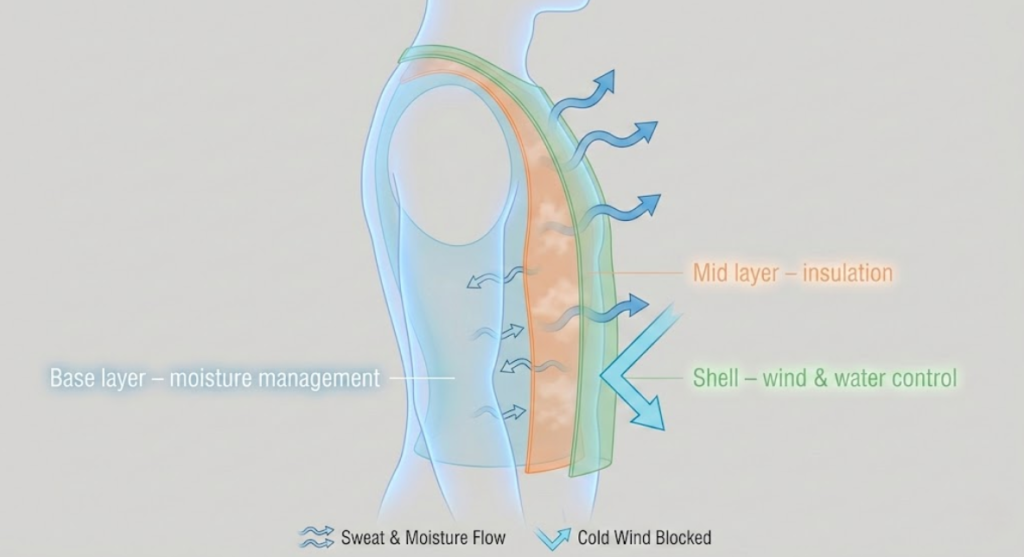 In a proper three‑layer system, each layer has a specific job: Base layer: Moves sweat off your skin. 
Mid layer: Provides most of the insulation. Shell layer: Controls wind and water - Dealibrium