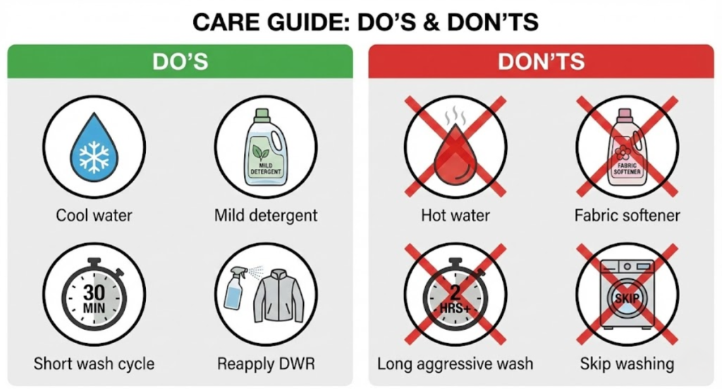 Technical jacket care study: identifying “optimal daily washing” parameters (moderate temperature, limited detergent, shorter cycles) minimized DWR and performance loss while keeping jackets clean enough - Dealibrium