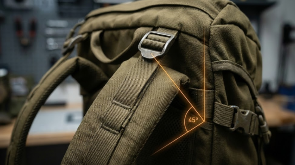 Close-up of hunting backpack load lifter straps showing the correct 45-degree angle for transferring weight from shoulders to the frame - Dealibrium