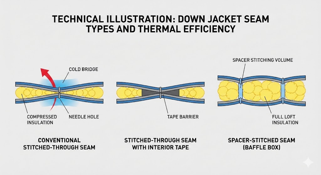 Three seam types side by side: conventional stitched-through seam compressing the down and forming a clear cold bridge,
stitched-through seam with interior seam tape applied,
spacer-stitched seam where the inner and outer fabrics are kept apart by 3D stitching so the down loft stays full - Dealibrium