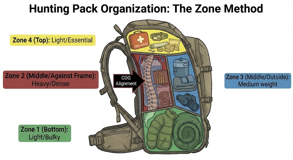 The 4-Zone Method minimizes the horizontal "moment arm," preventing the pack from pulling the torso backward - Dealibrium