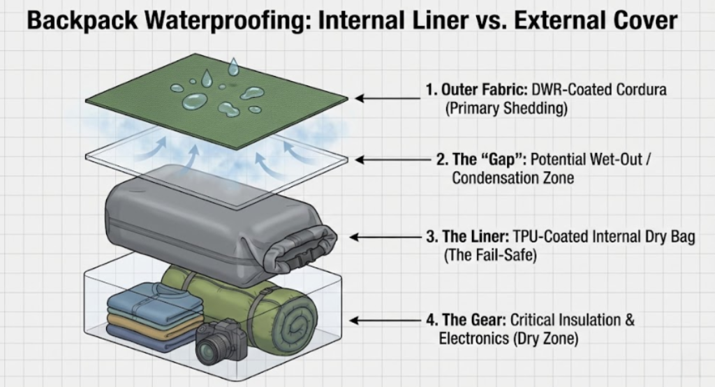 A dual-layer system uses an internal dry bag as a fail-safe against the inevitable "wet-out" of external pack fabrics - Dealibrium