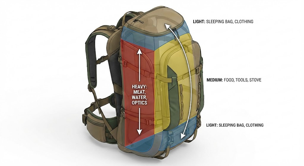 Technical diagram of hunting backpack weight distribution showing heavy, medium, and light packing zones - Dealibrium