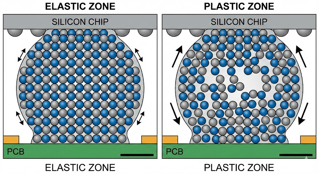 Diagram of SAC305 solder atomic structure comparing reversible elastic deformation to permanent plastic strain - Dealibrium