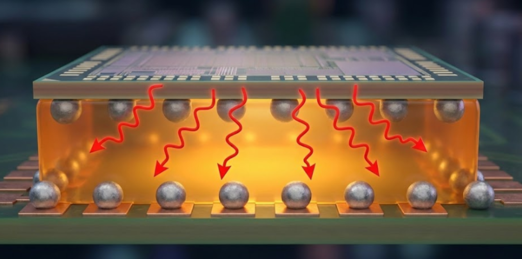 Microscopic view of underfill epoxy protecting Ball Grid Array (BGA) solder joints from mechanical shock - Dealibrium