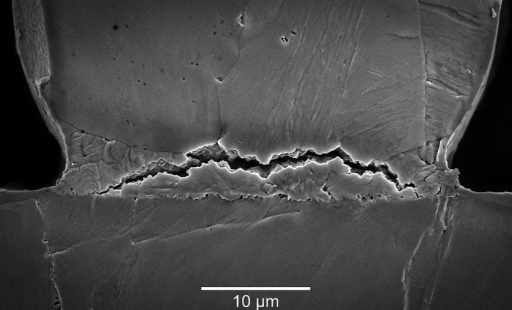 Microscopic SEM view of a cracked BGA solder joint showing metallurgical fatigue - Dealibrium