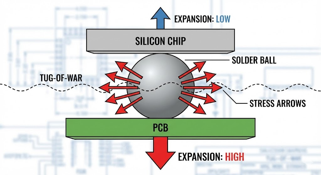 Conceptual diagram of CTE mismatch causing mechanical stress on motherboard solder interconnects - Dealibrium
