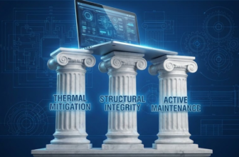 Infographic of the three engineering pillars required for a 10-year laptop lifespan: Thermal, Structural, and Maintenance - Dealibrium