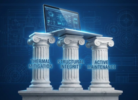 Infographic of the three engineering pillars required for a 10-year laptop lifespan: Thermal, Structural, and Maintenance - Dealibrium