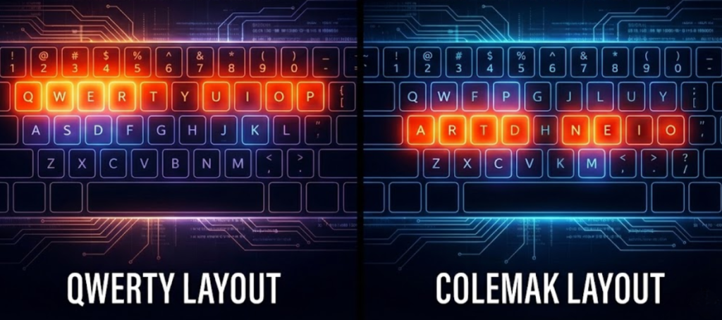 Heatmap comparison showing home row efficiency of Colemak versus QWERTY keyboard layouts - Dealibrium