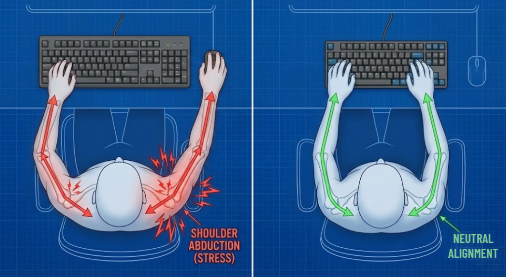 Biomechanical diagram of shoulder abduction caused by full-size keyboards versus ergonomic TKL layouts - Dealibrium