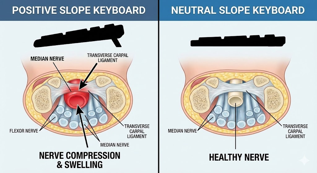 Medical visualization of Median Nerve Cross-Sectional Area (MNCSA) changes based on keyboard tilt and slope - Dealibrium