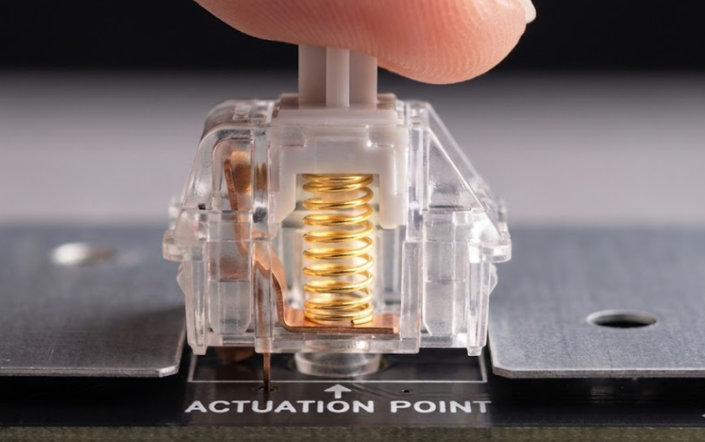 Technical cutaway of a mechanical keyboard switch highlighting the actuation point and gold-plated components - Dealibrium