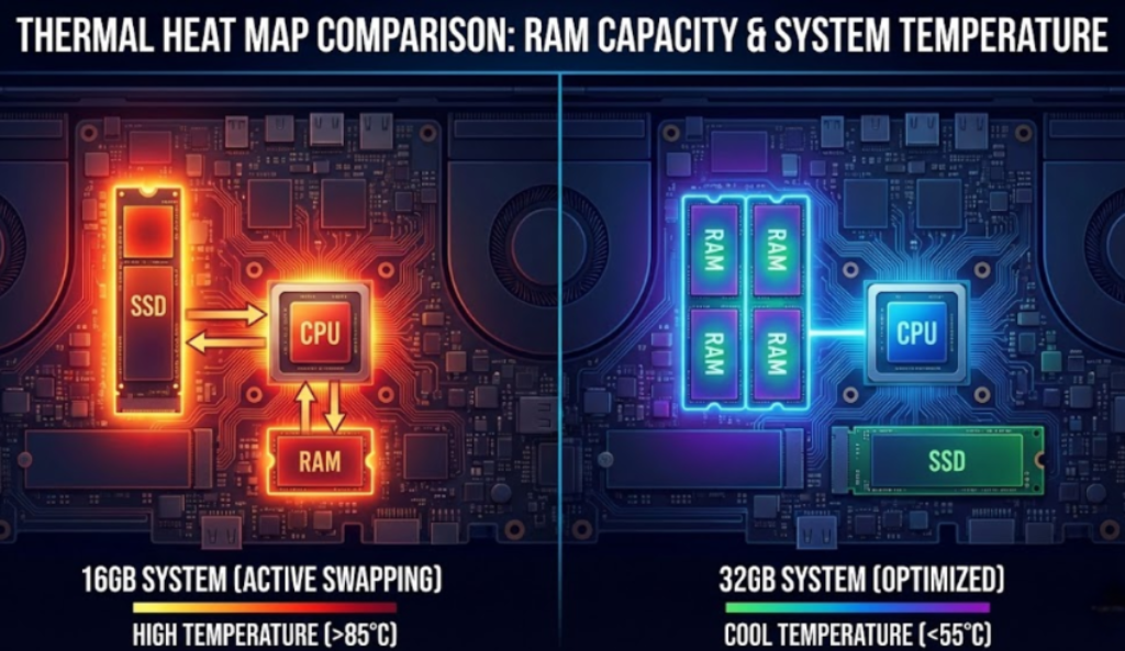 Thermal heat map comparison of a laptop motherboard showing high temperatures in a 16GB system due to swapping vs. a cool-running 32GB RAM thermal protection setup - Dealibrium