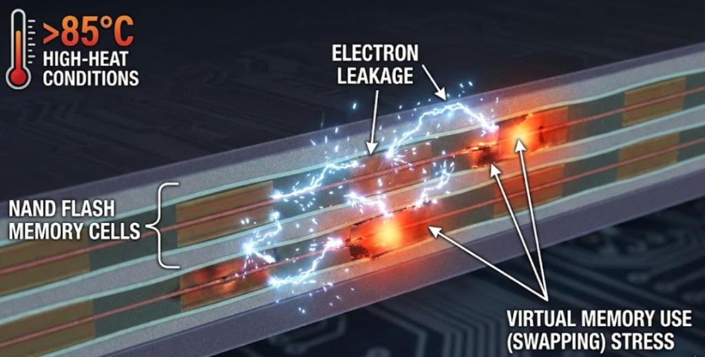 Microscopic visualization of NAND flash electron leakage caused by high-heat virtual memory swapping, mitigated by 32GB RAM thermal protection - Dealibrium