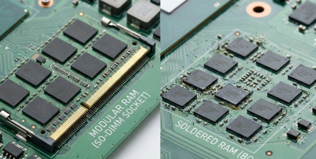 Macro side-by-side comparison of a modular SO-DIMM RAM slot versus a permanently soldered BGA memory chip, illustrating why the soldered RAM repair cost is significantly higher due to the lack of a socket - Dealibrium