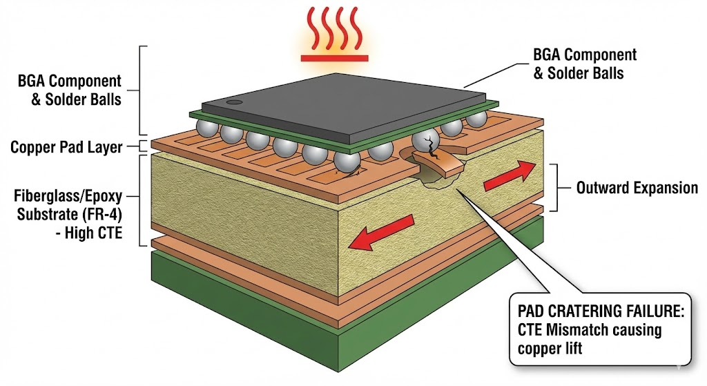 3D technical diagram of motherboard layers showing a pad cratering failure during a BGA repair attempt, a common risk that increases the soldered RAM repair cost - Dealibrium