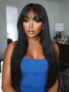 UNice Black Yaki Wig Human Hair Glueless Wig with Blunt Bangs