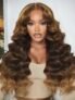 UNice 13×4 Pre-Everything Lace Frontal Brown Balayage Loose Wave Glueless Drawstring Wig with Layered Curtain Bangs