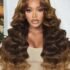 UNice 13×4 Pre-Everything Lace Frontal Brown Balayage Loose Wave Glueless Drawstring Wig with Layered Curtain Bangs